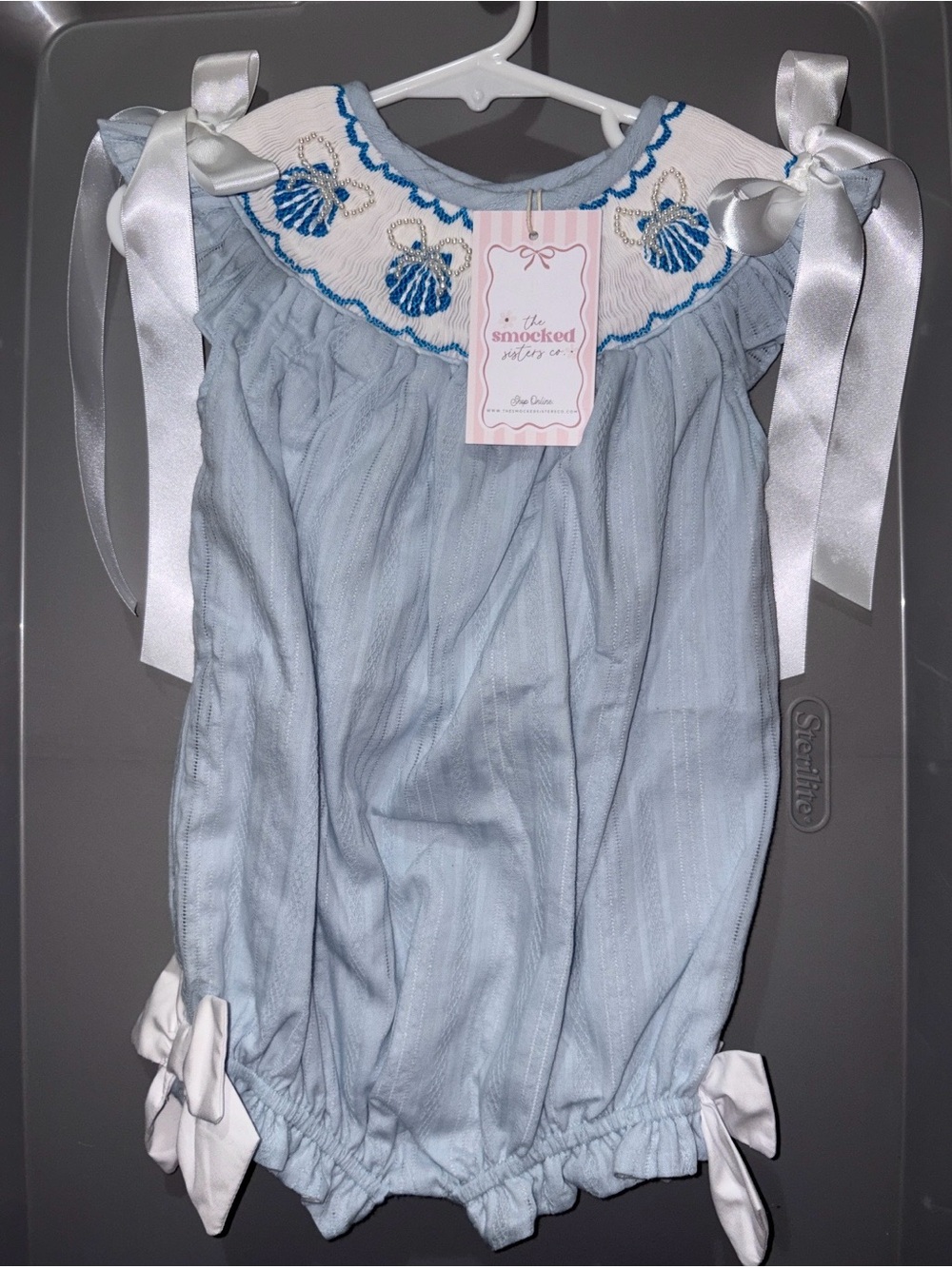 The Smocked Sisters Blue Shell Pearl Bubble 12M NWT